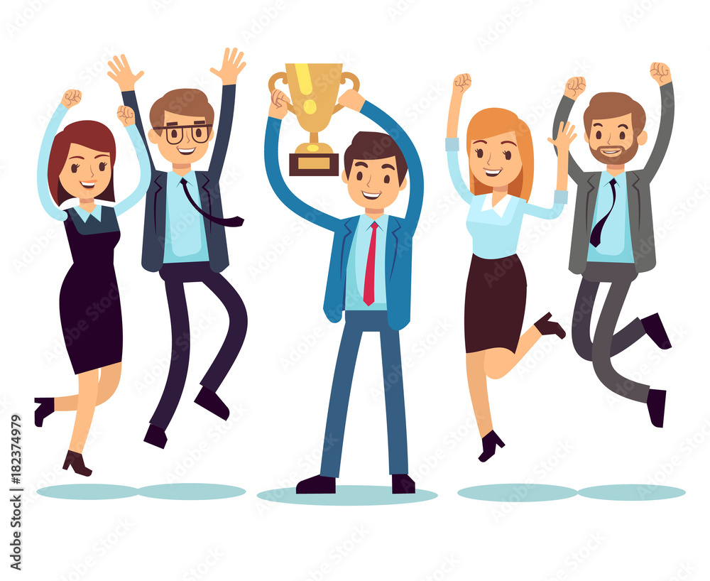 Manager with winning trophy cup and jumping employees. Success business team vector flat concept Manager with winning trophy cup and jumping employees. Success business team vector flat concept