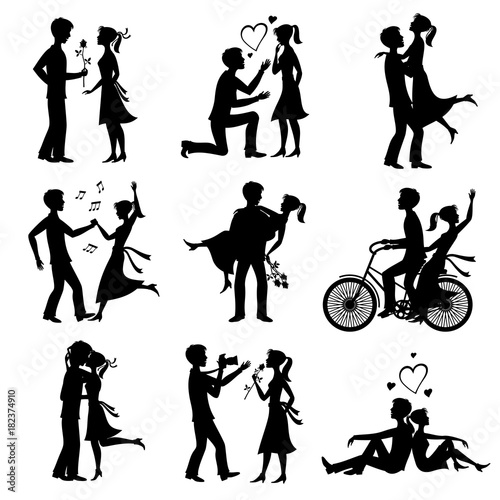 Happy couples in love just married bride and groom vector black silhouettes