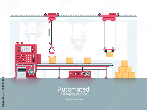 Industrial packaging machine with conveyor production line vector illustration