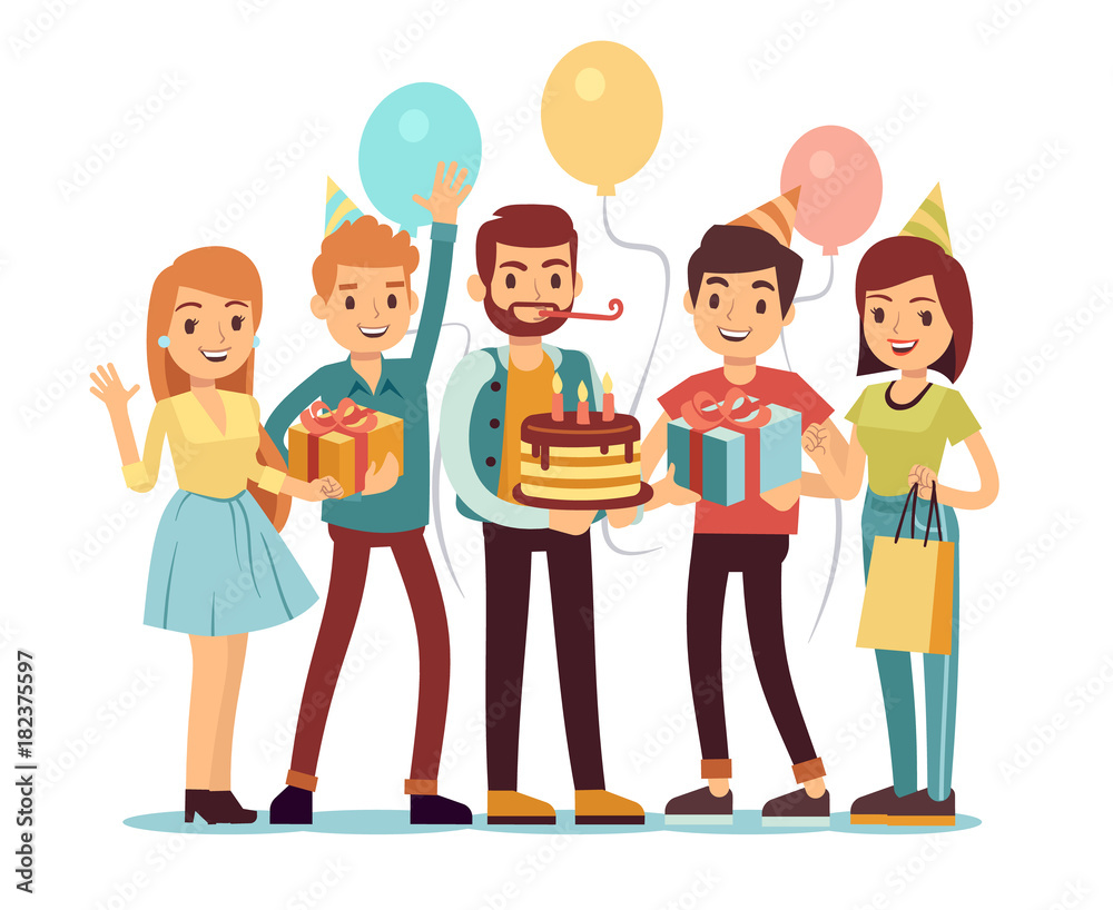 Laughing and smiling people with gifts and cake. Happy birthday vector concept Laughing and smiling people with gifts and cake. Happy birthday vector concept