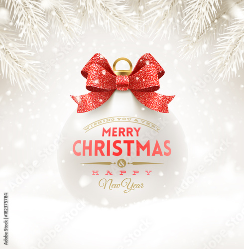 Christmas white bauble with glitter red bow ribbon and type design. Christmas ball on a snow. Vector illustration.