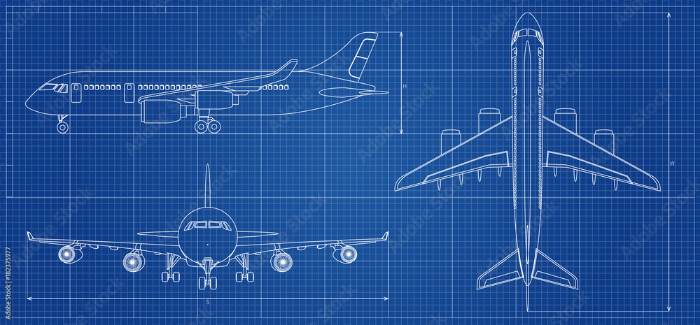 Airplane blueprint. Outline aircraft on blue background. Vector illustration