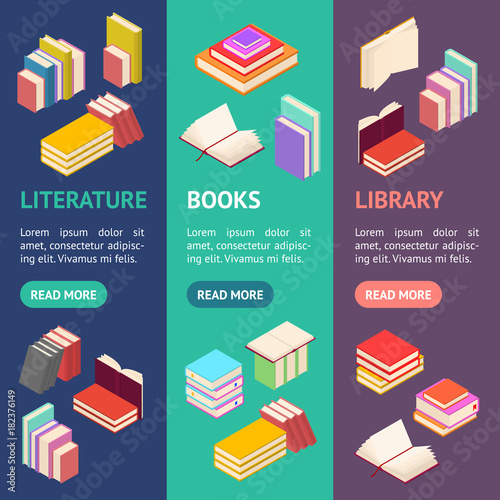 Stack Of Color Books Banner Vecrtical Set Isometric View. Vector