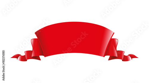Red ribbon. Wide volume curved semicircle arc strip, tape of fabric or paper with curly edges. Decorative design element. Silk elegant retro ribbon with empty space for title writing. Isolated vector 