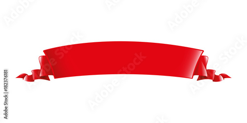 Red ribbon. Long volume curved semicircle arc strip, tape of fabric or paper with curly edges. Decorative design element. Silk elegant retro ribbon with empty space for title writing. Isolated vector