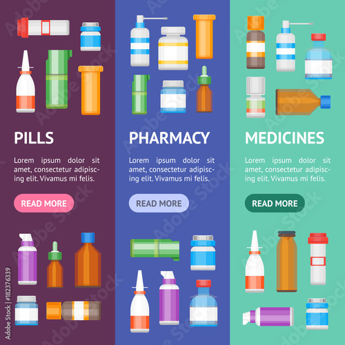 Cartoon Medicine Bottles for Drugs Banner Vecrtical Set. Vector
