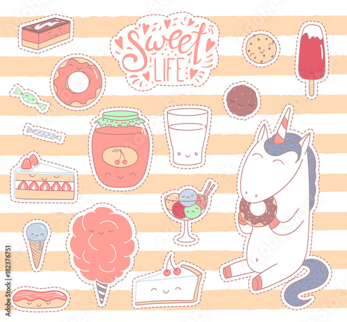 Set of different lovely hand drawn stickers with sweet food doodles, with kawaii cartoon faces, unicorn eating donut, typography. Isolated objects on white background. Design concept dessert, kids.