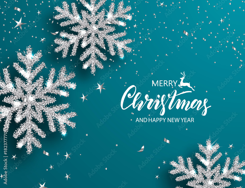 Elegant Christmas Background with Shining Silver Snowflakes. Vector