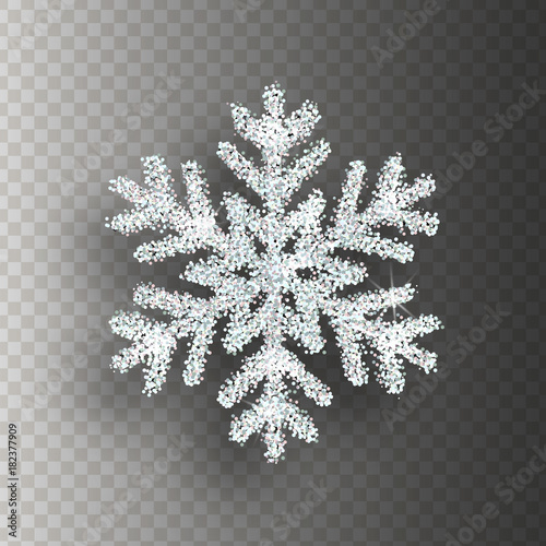 Silver snowflake with bright glitter on transparent background. Christmas decoration.