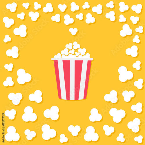 Popcorn popping. Heart shape frame. Red yellow strip box. Cinema movie night icon. Tasty food. Flat design style. Yellow background.