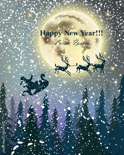 Winter card Reindeers flying over full moon. Snowy night. Happy Holidays back...