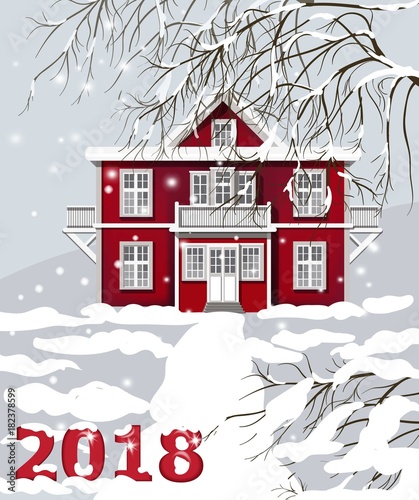 2018 card with red vintage house. Winter snowy background Vector illustration