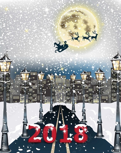 2018 card Cityscape road background. Winter snowy night decor Vector