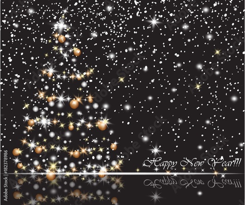 Christmas tree on snowy background. Gift card Merry Christmas, New Year and H...