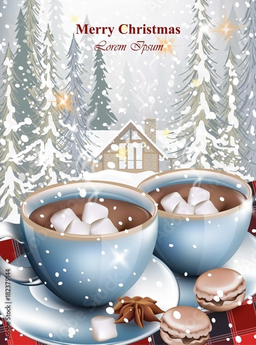 Hot chocolate cups and marshmallows on snowy background. Winter fir trees forest and snow Vector