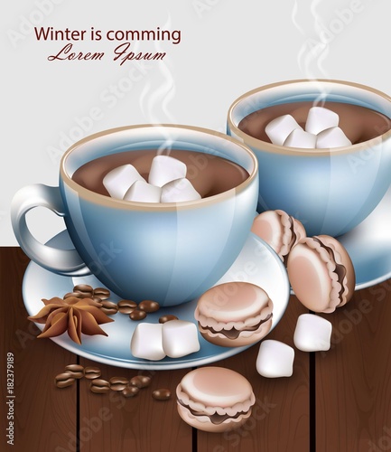 Hot chocolate cups with macaroons and marshmallows on wood table. Vector realistic illustrations