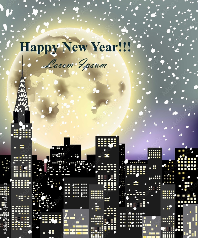 Happy New Year card with full moon over city skyscrapers. Vector snowy night illustrations