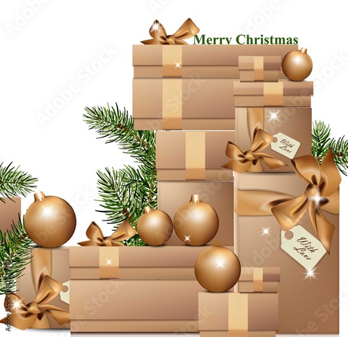 Gold Gift boxes in winter holidays Vector realistic
