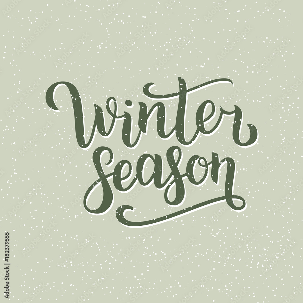 Winter season hand written inscription with isolated on green background with snowflakes. Vector illustration. Lettering. Postcard for winter season advertising.