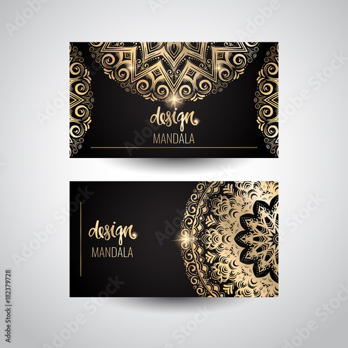 Set of modern business card templates with beautiful gold Indian ornament mandala.