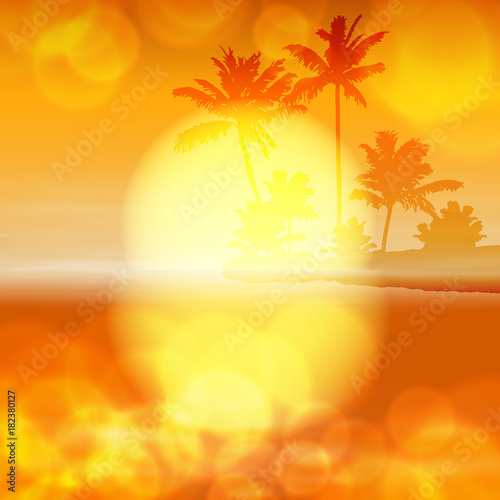 Fototapeta Naklejka Na Ścianę i Meble -  Sea sunset with palm tree and light on lens