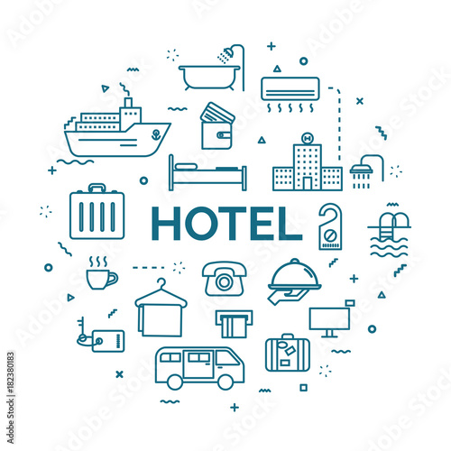 lettering of travel concept with line icons set.