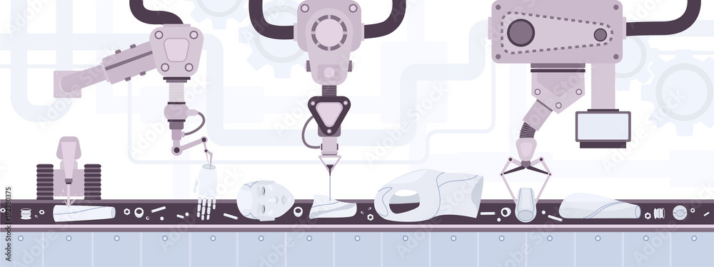 Industrial belt conveyor conveying body parts of robot with human appearance and automatic industrial machines putting them together. Production of android. Colorful cartoon vector illustration. Stock Vector | Adobe Stock Industrial belt conveyor conveying body parts of robot with human appearance and automatic industrial machines putting them together. Production of android. Colorful cartoon vector illustration. Stock Vector | Adobe Stock