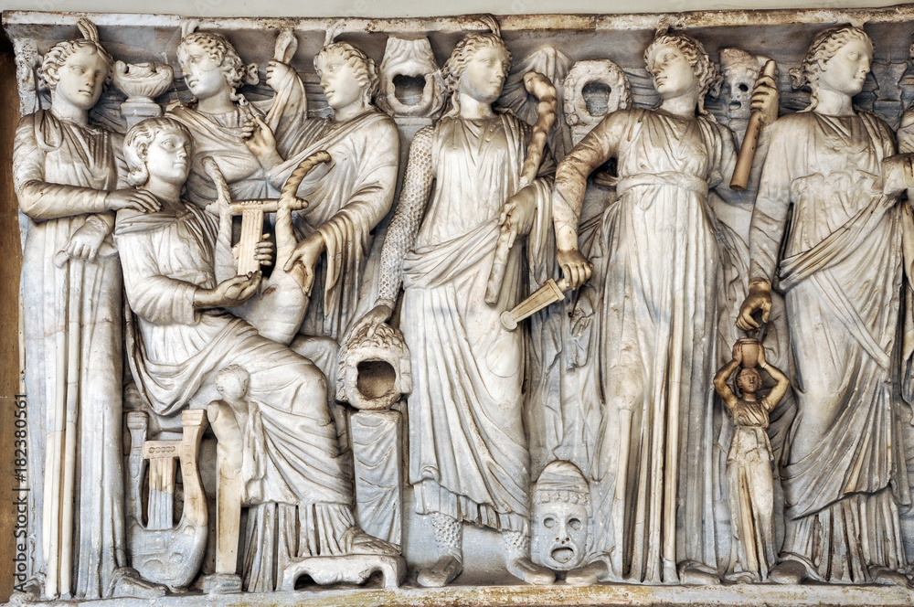 Bas-relief and sculpture details in stone of Roman Gods and Emperors