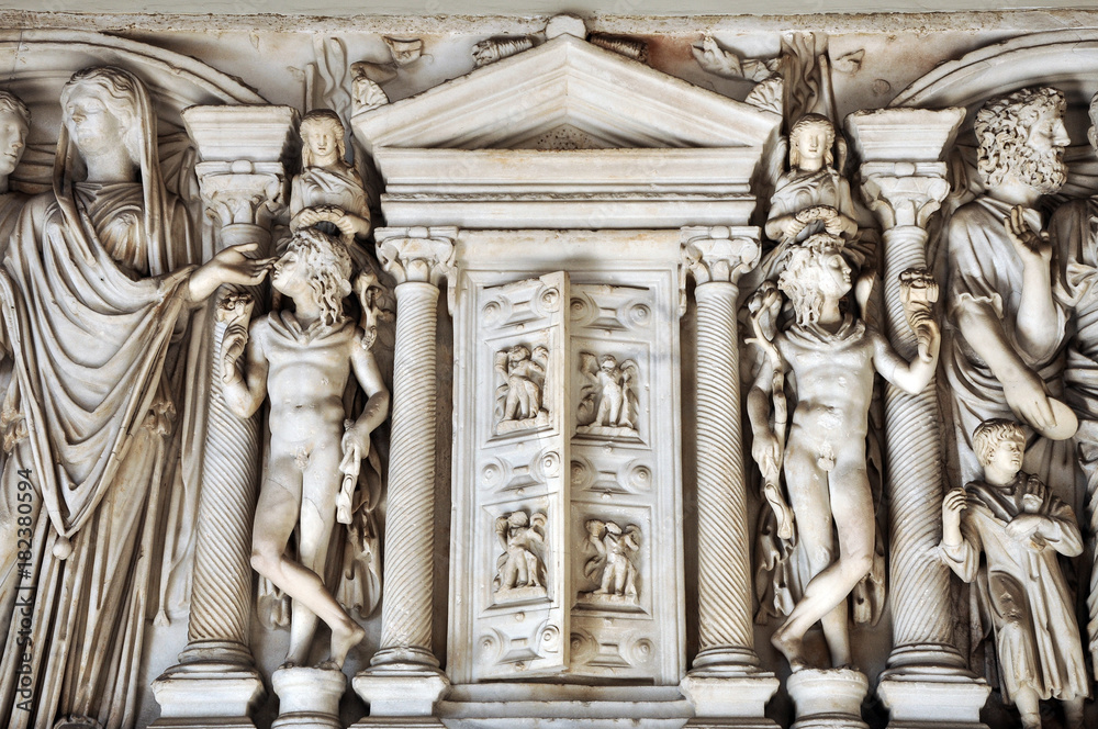 Bas-relief and sculpture details in stone of Roman Gods and Emperors