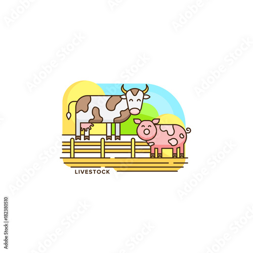 Farm livestock line icon. Farming illustration of cow and pig vector flat design isolated on white background. Farm logo template, element for agriculture business, linear icon object.