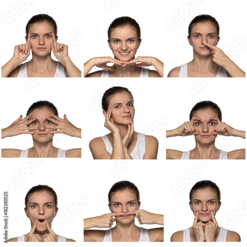 Massage, yoga, gymnastics or rejuvenating exercises for the face makes the girl own hands on a white background