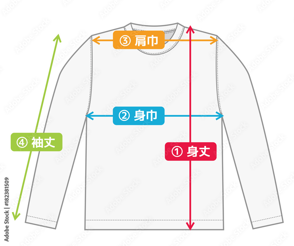 長袖tシャツ ロンt 寸法表 サイズ表用イメージイラスト カラーバージョン Stock ベクター Adobe Stock
