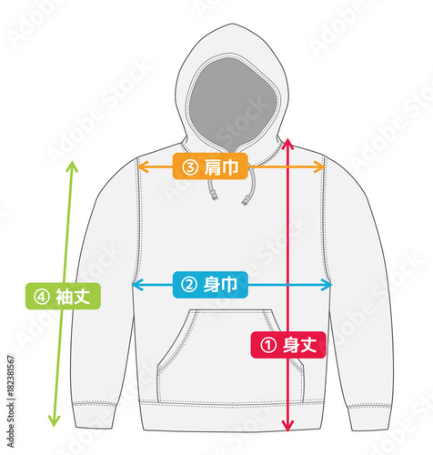 スウェットパーカー　寸法表・サイズ表用イメージイラスト / カラーバージョン