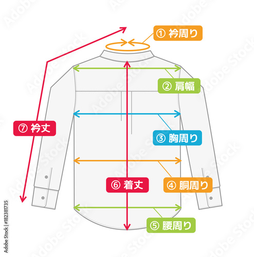 ワイシャツ・長袖シャツ　寸法表・サイズ表用イメージイラスト / カラーバージョン