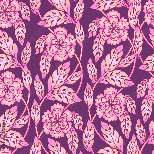 Vector seamless background with floral branches. Intricate ornament made of twisted flowers.