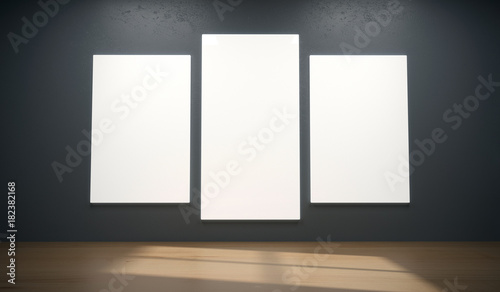 3D Rendering Of Empty White Poster Hanging On Concrete Wall And Sunlight From The Window