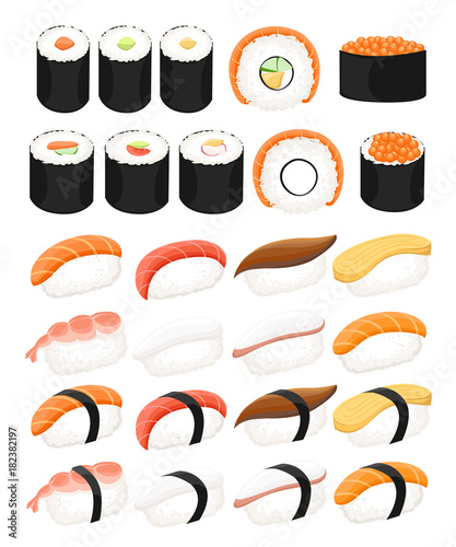 Japan food set different types of sushi isolated on white background. Nigiri sushi.