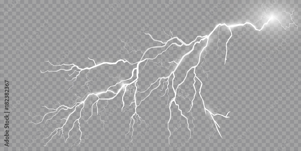 Set of lightnings. Thunder-storm and lightnings. Magic and bright lighting effects. Vector Illustration