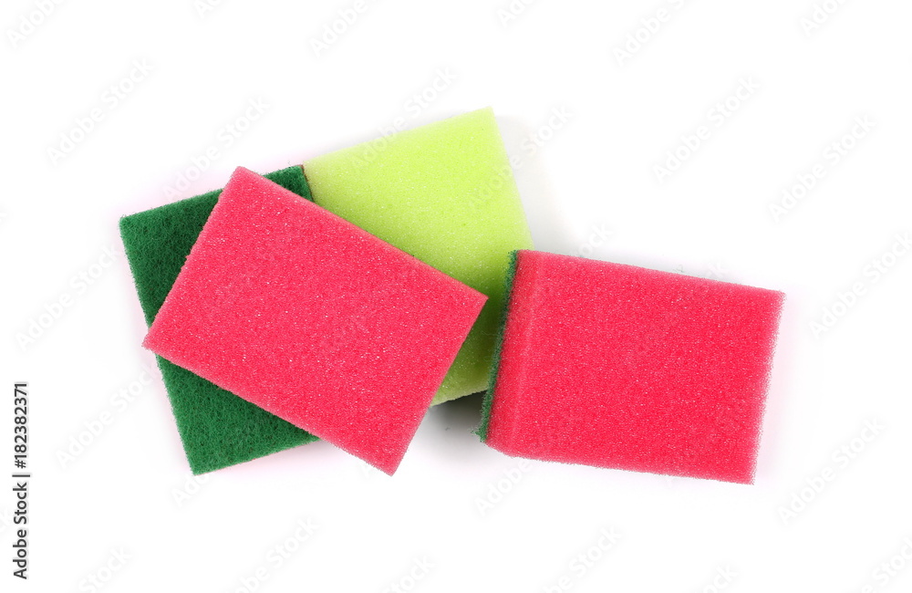 Colorful sponges isolated on white background, top view Colorful sponges isolated on white background, top view