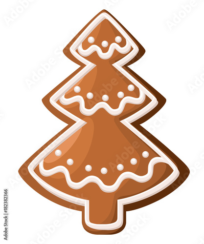 Christmas gingerbread. Xmas tree cookie. Decorated white icing. Isolated on white background. Holiday vector Illustration.