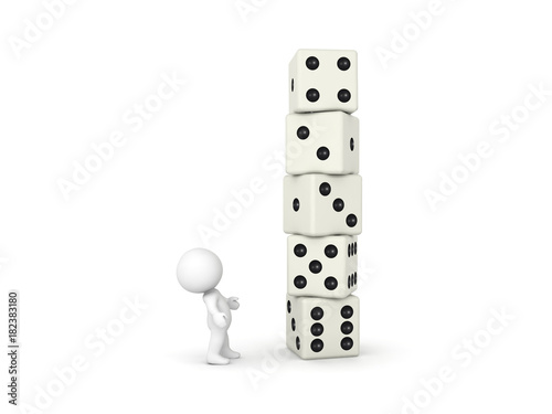 3D Character looking up at stack of big dice