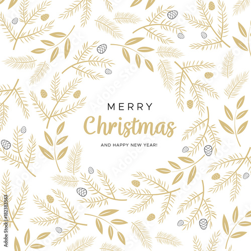 Merry Christmas and Happy New Year greeting card with gold branches and pine cones.