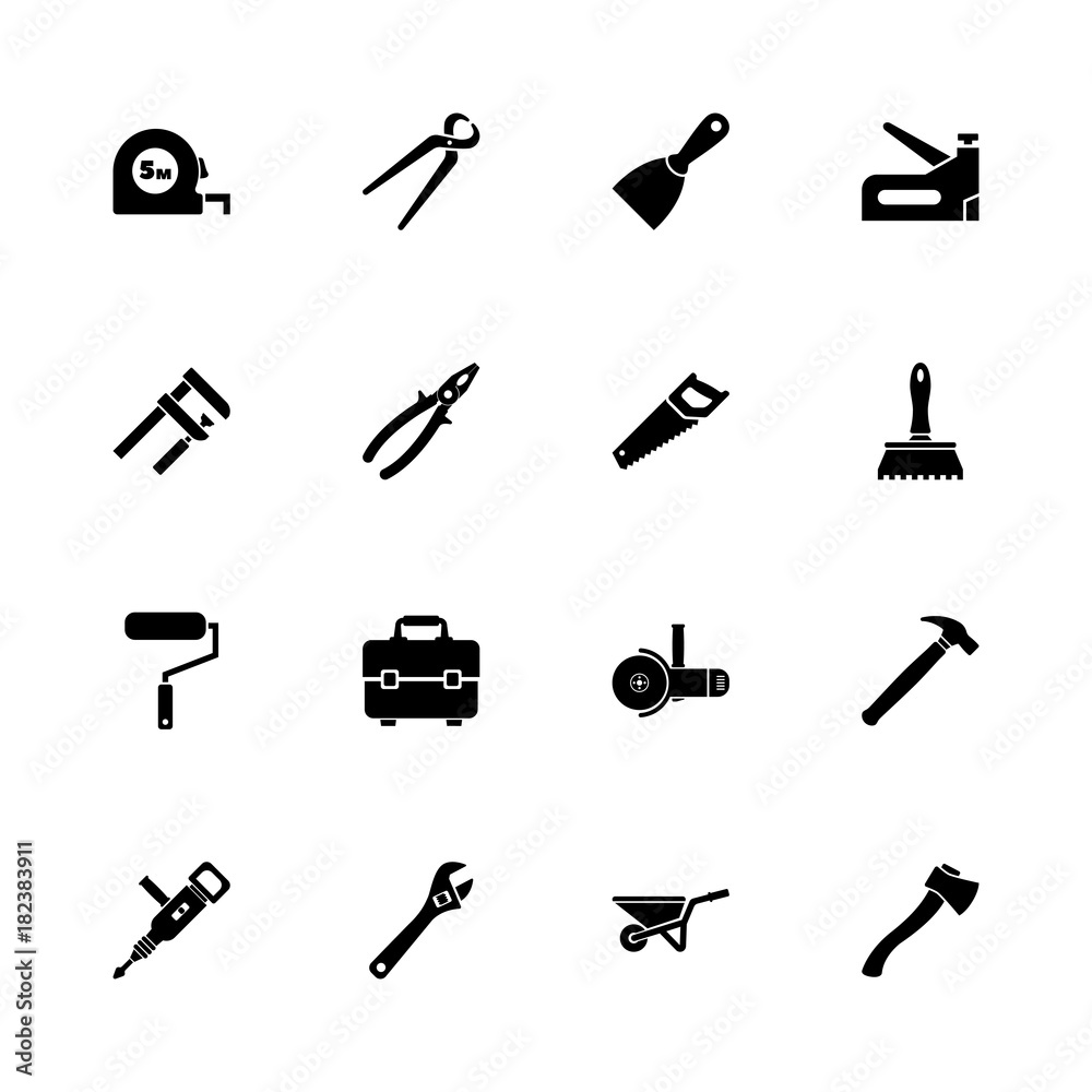Tools icons - Expand to any size - Change to any colour. Flat Vector Icons - Black Illustration on White Background. Tools icons - Expand to any size - Change to any colour. Flat Vector Icons - Black Illustration on White Background.