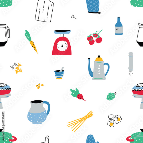 Seamless pattern with colorful hand drawn kitchen utensils and equipment on white background