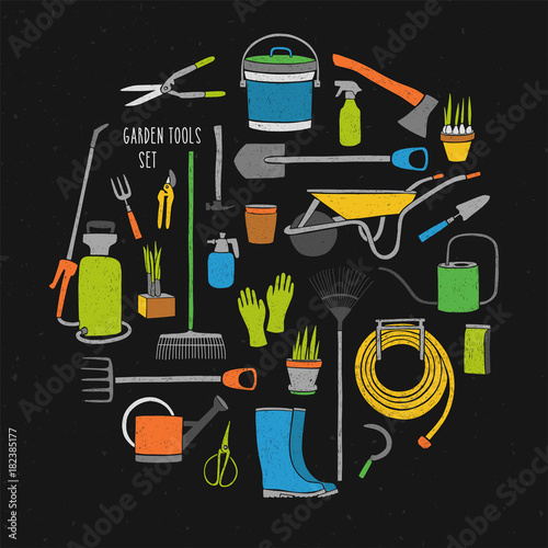 Bundle of hand drawn gardening tools arranged into circle. Collection of vari...