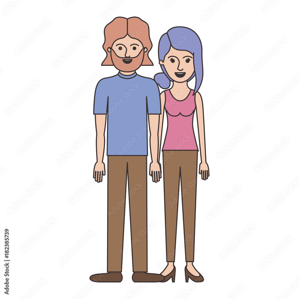 couple colorful silhouette and both with t-shirt and pants and shoes and him with mid length hair and beard and her with collected hair and fringe vector illustration couple colorful silhouette and both with t-shirt and pants and shoes and him with mid length hair and beard and her with collected hair and fringe vector illustration