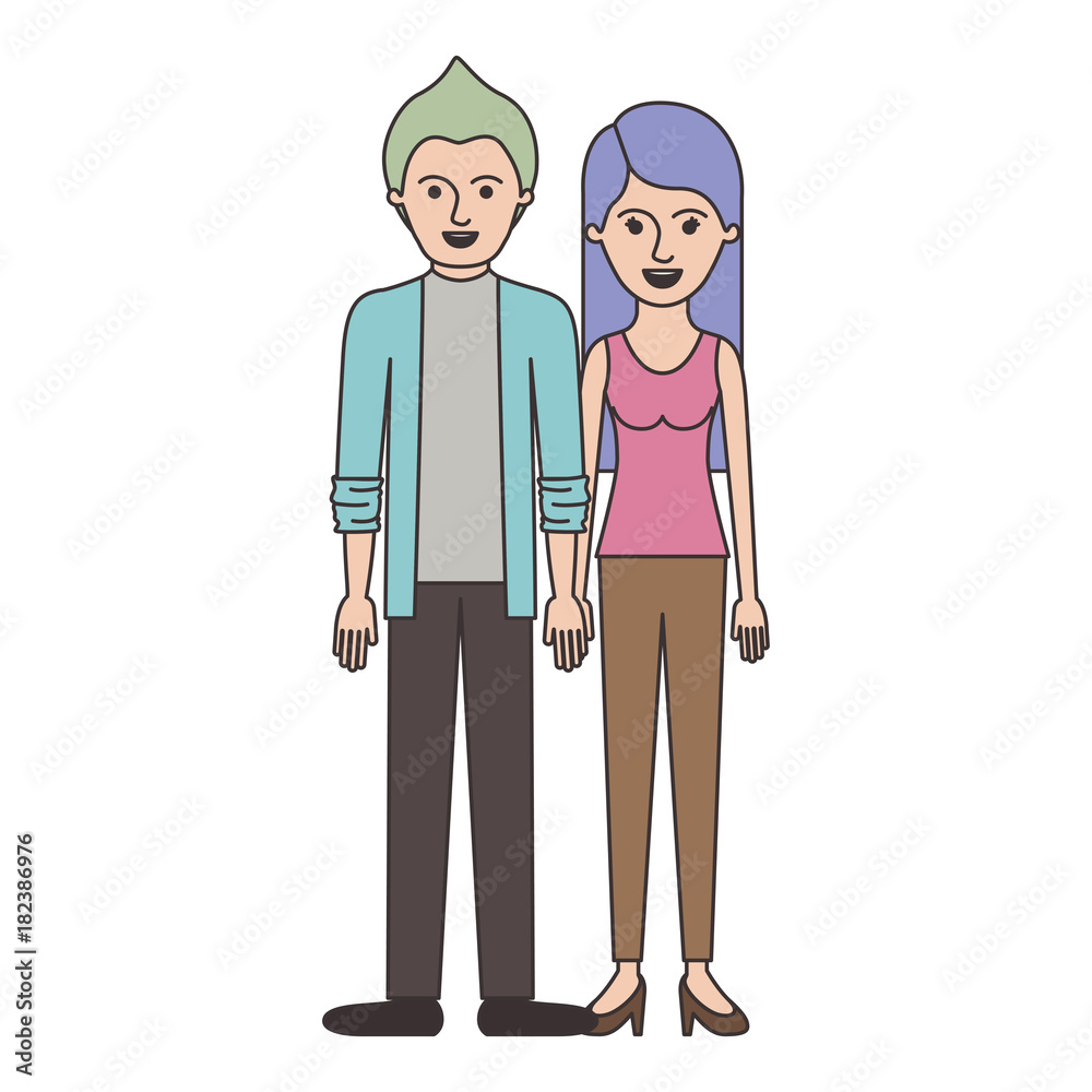couple colorful silhouette and him with shirt and jacket and pants and shoes with short hair and her with t-shirt sleeveless and pants and heel shoes with long straight hair vector illustration