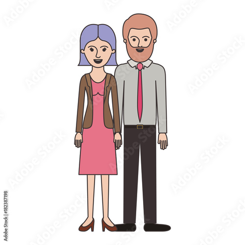 Wallpaper Mural couple colorful silhouette and her with blouse and jacket and skirt and heel shoes with short straight hairstyle and him with shirt and tie and pants and shoes with short hair and bearded vector Torontodigital.ca