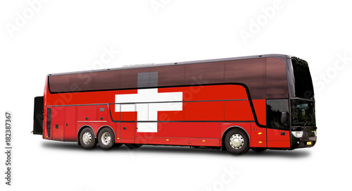 Black Travel  bus with the Swiss flag on side