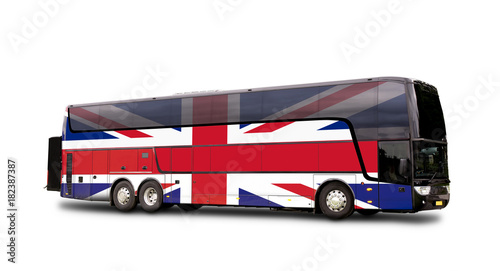 Black Travel  bus with the English flag on side